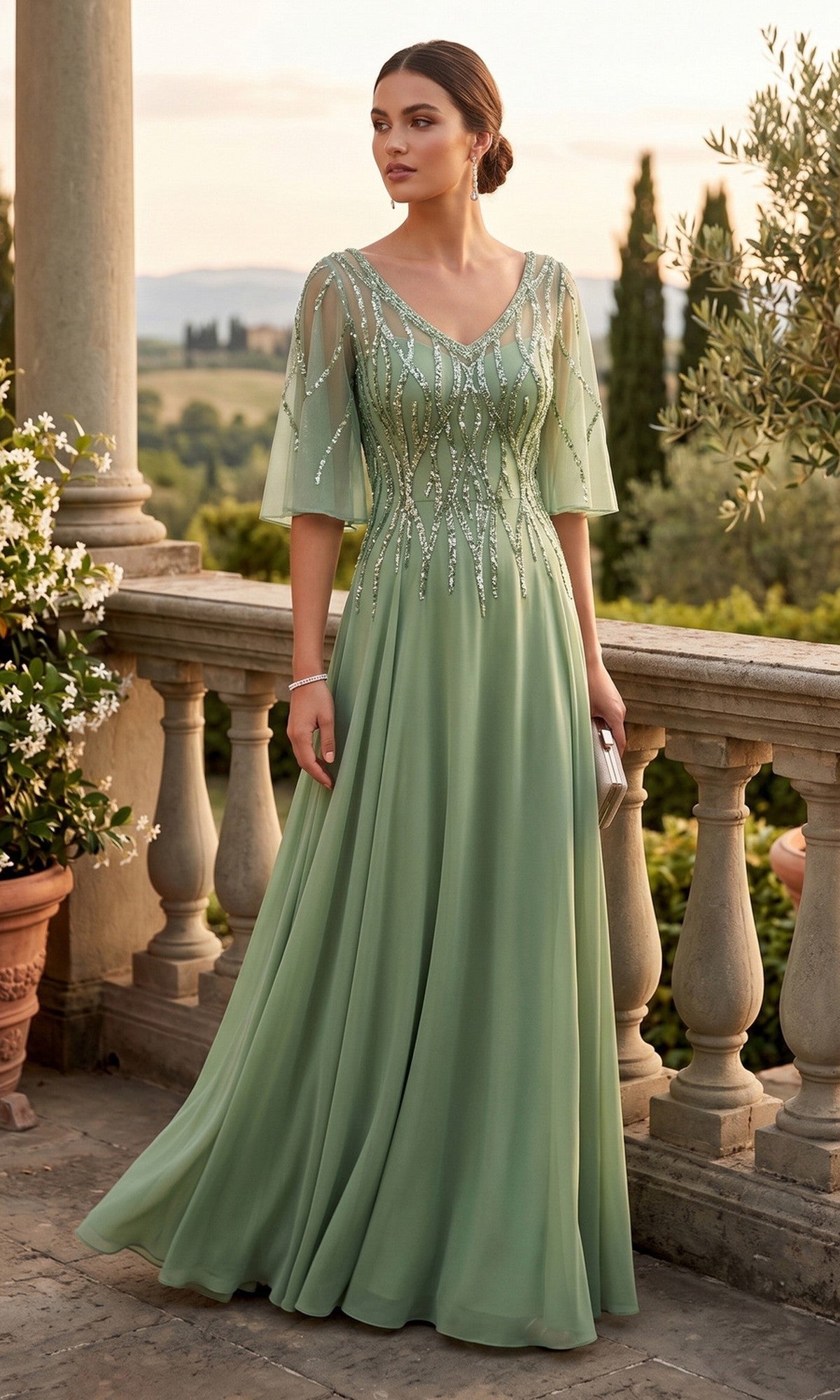 A woman in a sage Long Prom Dress: Chicas J064, featuring an A-line silhouette, light chiffon fabric, sheer sleeves, and bead detailing, stands on a stone terrace with greenery and distant hills in the background.